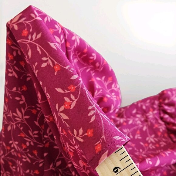 Old Navy Faux Wrap Dress Women L Wine LS Midi Lined Ruffles Dainty Floral Boho - Picture 12 of 16